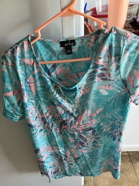 Erika Teal and Pink Tropical Leaf Short Sleeve Top